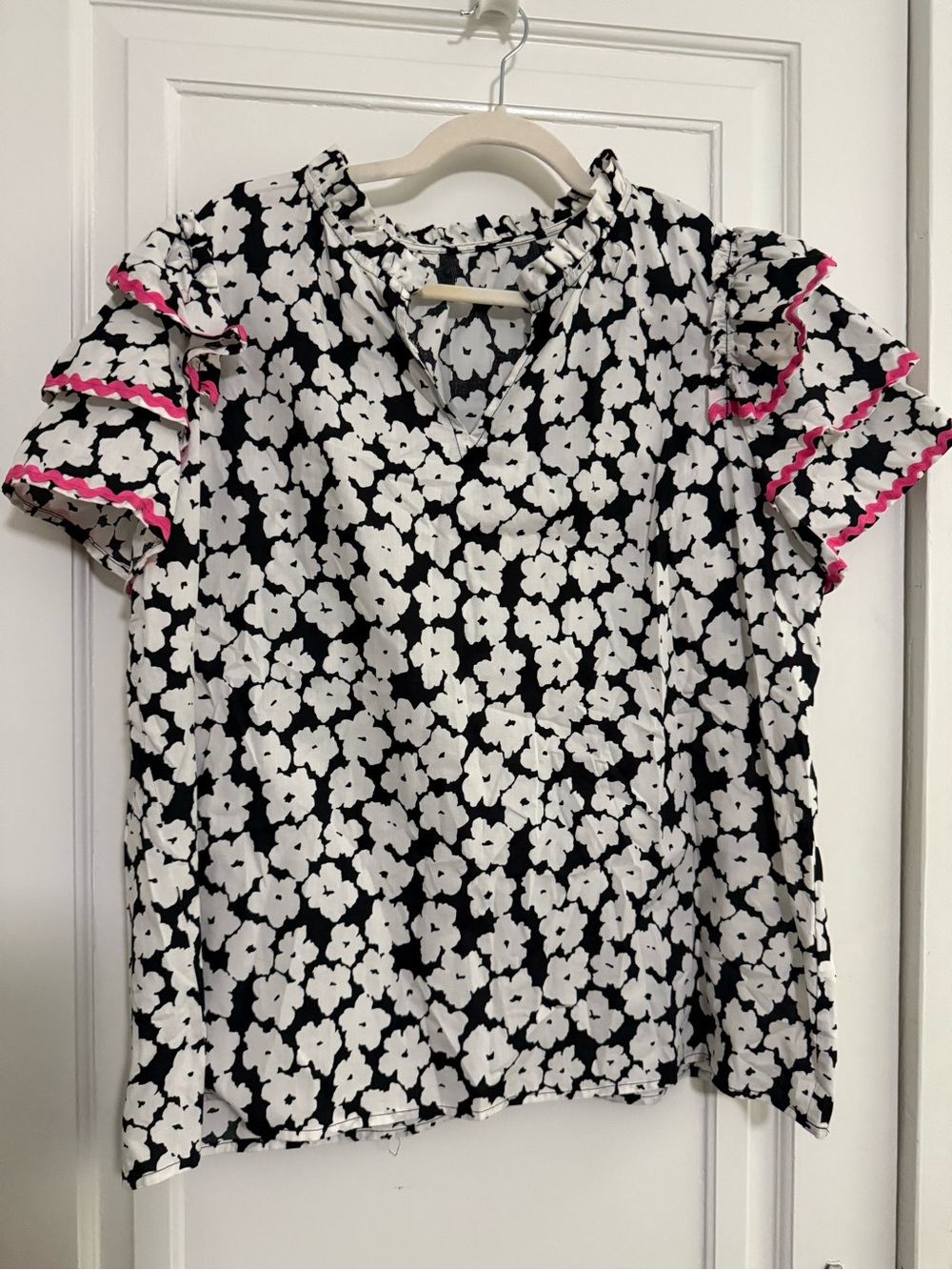 Women’s Black & White Floral Ruffle Sleeve Top with Pink Trim